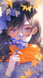 Preview wallpaper girl, glasses, flowers, leaves, autumn, anime