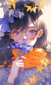 Preview wallpaper girl, glasses, flowers, leaves, autumn, anime