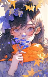 Preview wallpaper girl, glasses, flowers, leaves, autumn, anime