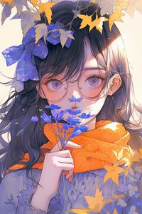 Preview wallpaper girl, glasses, flowers, leaves, autumn, anime