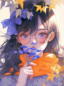 Preview wallpaper girl, glasses, flowers, leaves, autumn, anime
