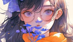 Preview wallpaper girl, glasses, flowers, leaves, autumn, anime