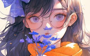Preview wallpaper girl, glasses, flowers, leaves, autumn, anime