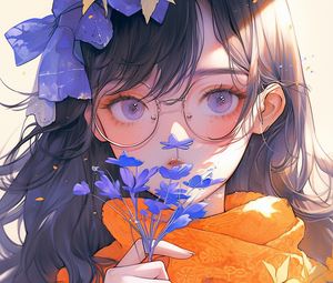 Preview wallpaper girl, glasses, flowers, leaves, autumn, anime