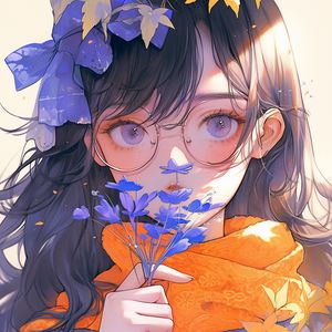 Preview wallpaper girl, glasses, flowers, leaves, autumn, anime