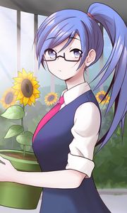 Preview wallpaper girl, glasses, flowers, sunflowers, anime