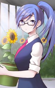 Preview wallpaper girl, glasses, flowers, sunflowers, anime