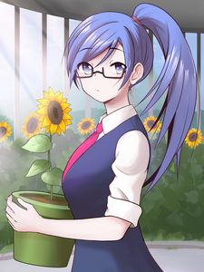 Preview wallpaper girl, glasses, flowers, sunflowers, anime