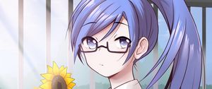 Preview wallpaper girl, glasses, flowers, sunflowers, anime