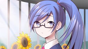 Preview wallpaper girl, glasses, flowers, sunflowers, anime