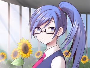 Preview wallpaper girl, glasses, flowers, sunflowers, anime