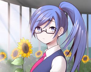 Preview wallpaper girl, glasses, flowers, sunflowers, anime