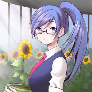 Preview wallpaper girl, glasses, flowers, sunflowers, anime