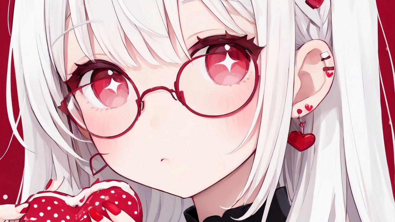 Wallpaper girl, glasses, heart, red, anime, art