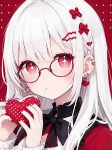 Preview wallpaper girl, glasses, heart, red, anime, art