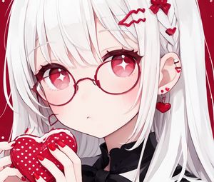 Preview wallpaper girl, glasses, heart, red, anime, art