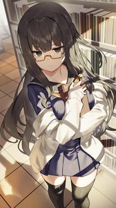 Preview wallpaper girl, glasses, library, anime