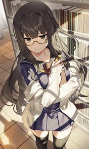 Preview wallpaper girl, glasses, library, anime