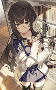 Preview wallpaper girl, glasses, library, anime