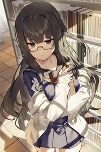 Preview wallpaper girl, glasses, library, anime