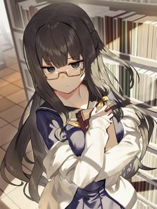 Preview wallpaper girl, glasses, library, anime