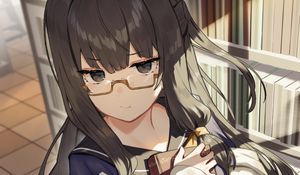 Preview wallpaper girl, glasses, library, anime