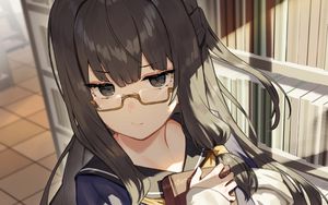 Preview wallpaper girl, glasses, library, anime