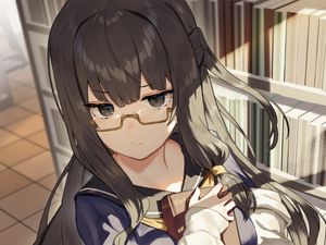 Preview wallpaper girl, glasses, library, anime