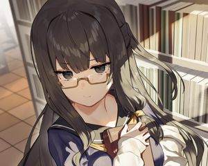 Preview wallpaper girl, glasses, library, anime