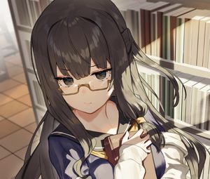 Preview wallpaper girl, glasses, library, anime