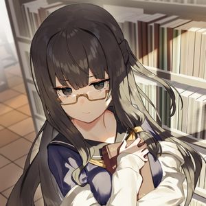 Preview wallpaper girl, glasses, library, anime