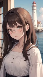 Preview wallpaper girl, glasses, lighthouse, sea, anime