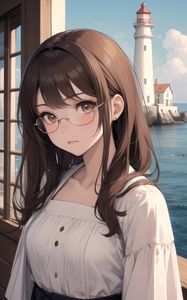 Preview wallpaper girl, glasses, lighthouse, sea, anime