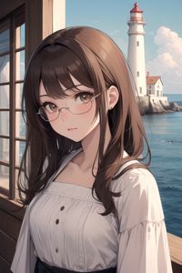 Preview wallpaper girl, glasses, lighthouse, sea, anime