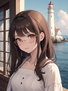 Preview wallpaper girl, glasses, lighthouse, sea, anime