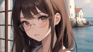 Preview wallpaper girl, glasses, lighthouse, sea, anime