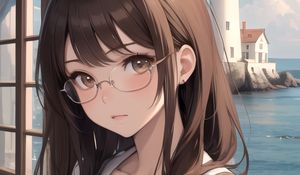 Preview wallpaper girl, glasses, lighthouse, sea, anime