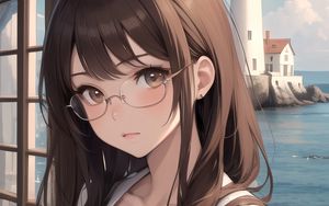 Preview wallpaper girl, glasses, lighthouse, sea, anime