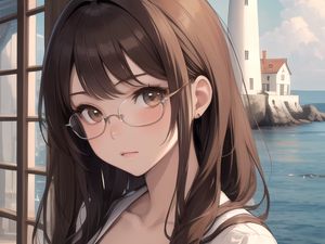 Preview wallpaper girl, glasses, lighthouse, sea, anime
