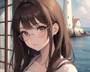 Preview wallpaper girl, glasses, lighthouse, sea, anime