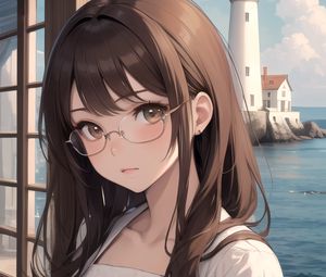 Preview wallpaper girl, glasses, lighthouse, sea, anime