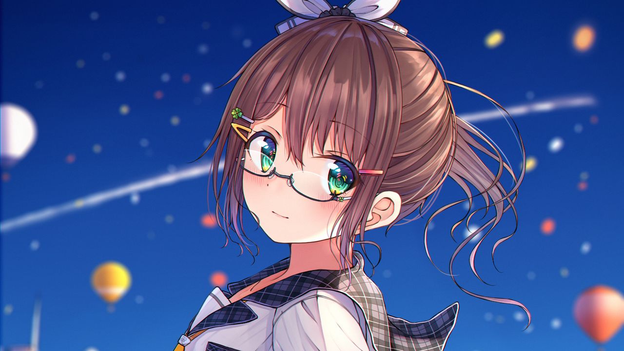Wallpaper girl, glasses, ponytail, dress, anime
