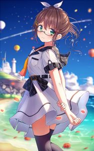 Preview wallpaper girl, glasses, ponytail, dress, anime