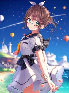 Preview wallpaper girl, glasses, ponytail, dress, anime