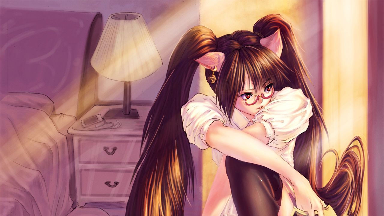 Wallpaper girl, glasses, ponytails, anime, art