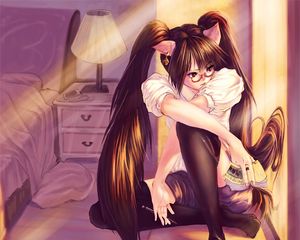 Preview wallpaper girl, glasses, ponytails, anime, art