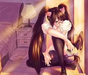Preview wallpaper girl, glasses, ponytails, anime, art