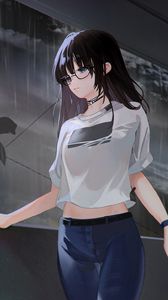 Preview wallpaper girl, glasses, sadness, rain, anime