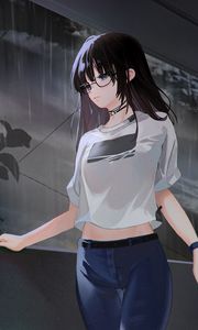 Preview wallpaper girl, glasses, sadness, rain, anime