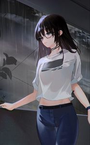 Preview wallpaper girl, glasses, sadness, rain, anime